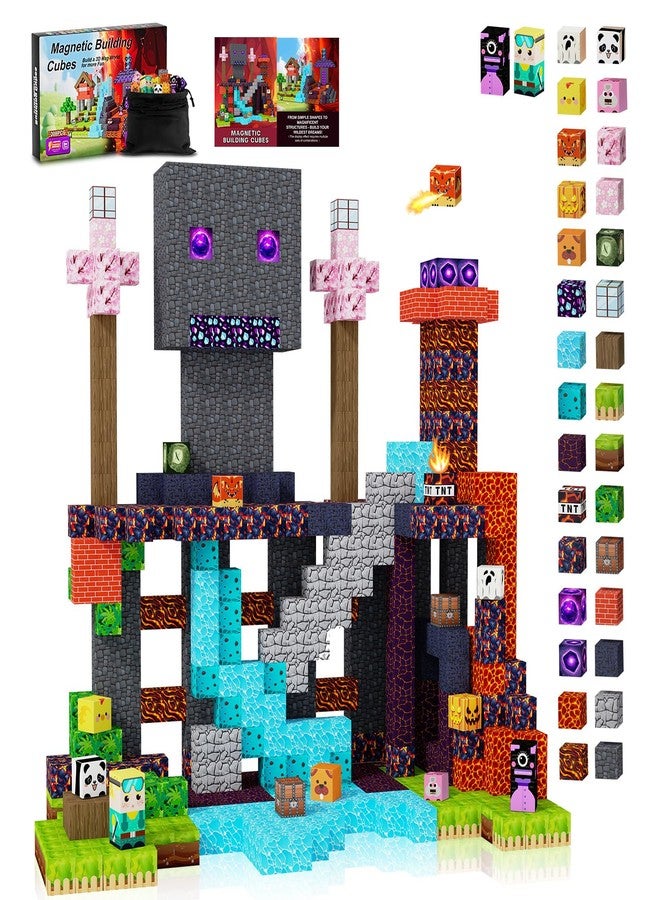 JOMBY 208 PCS Magnetic Blocks, Magnetic Building Blocks Cubes - Forest & Volcano Adventure Set, STEM Sensory Educational Magnet Stacking Toys Boys and Girls Age 3+ Years Old - Image 1
